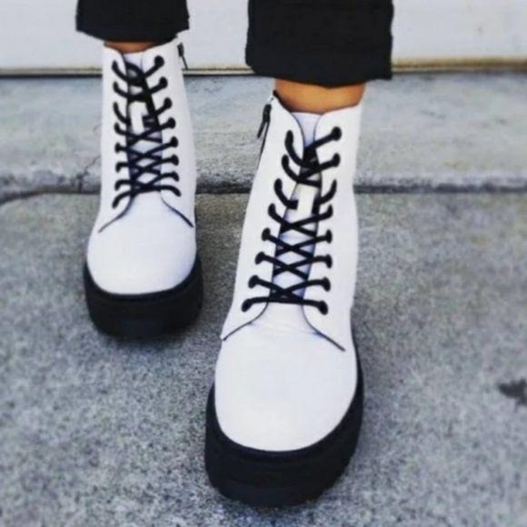 White Vegan Leather Lace Up Combat Boots - Picture 7 of 11